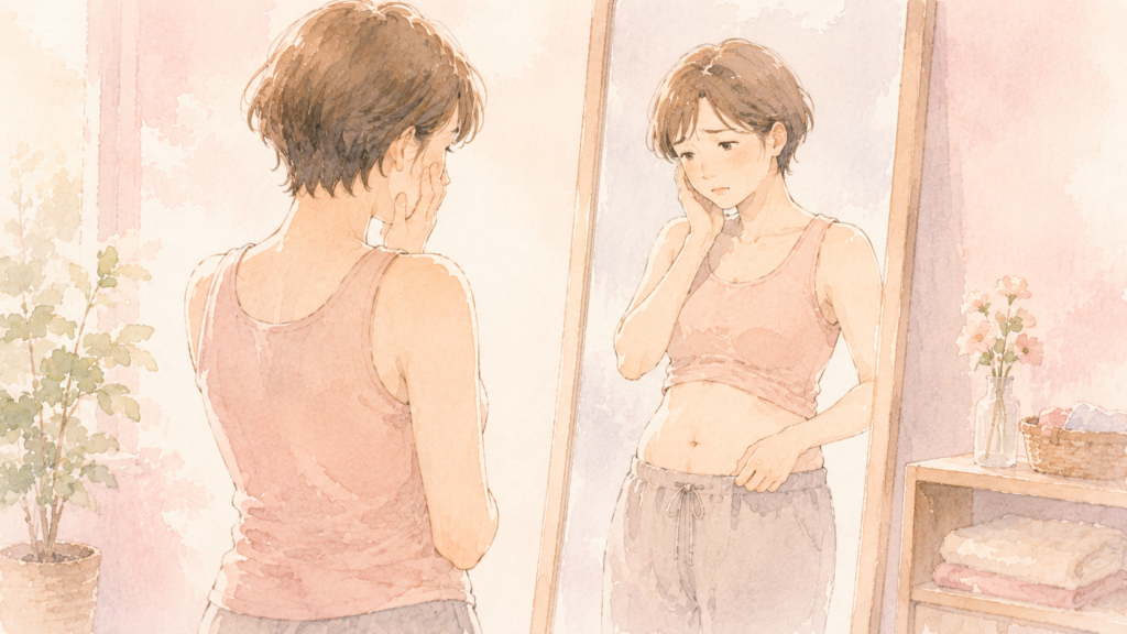 鏡の前で少し戸惑うような表情の女性。変化した自分の体型に気づいているような静かなシーン