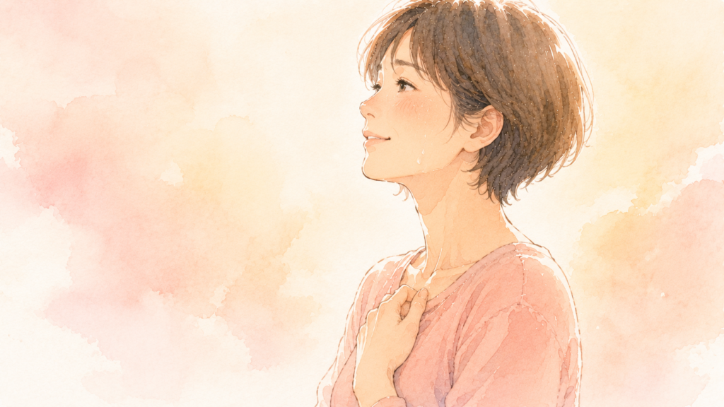 鏡の前で少し戸惑うような表情の女性。変化した自分の体型に気づいているような静かなシーン