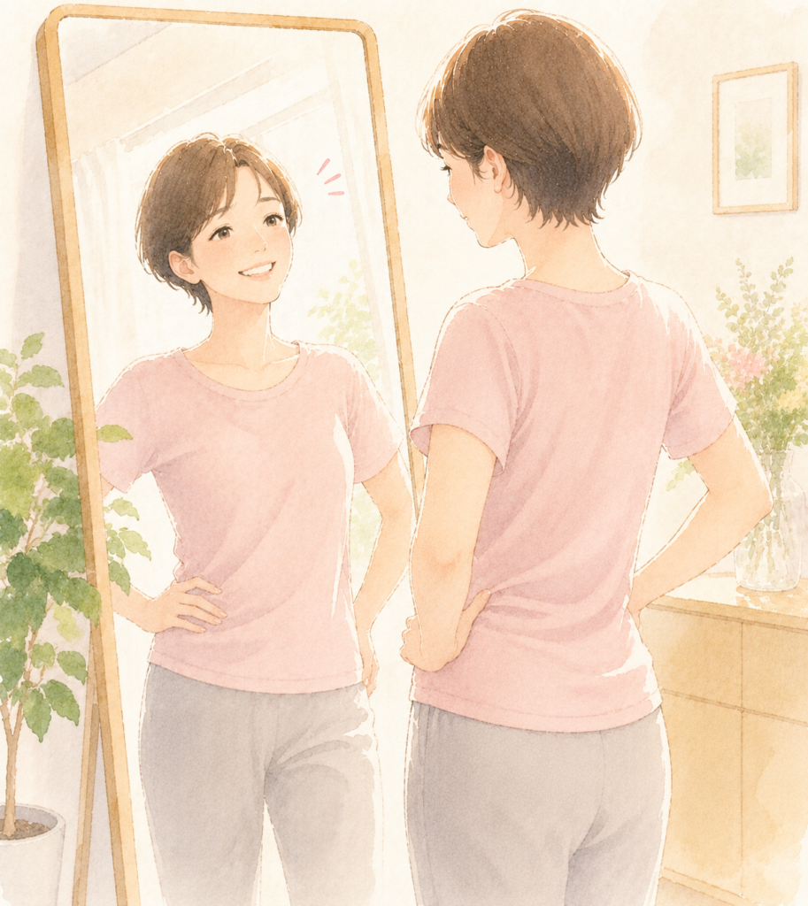 30代女性が体型を戻し鏡の前で笑顔になっているイラスト