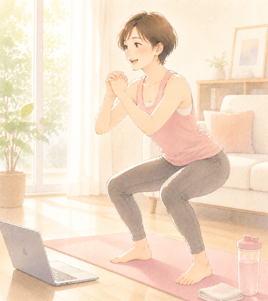 30代女性が自宅で体型を戻すエクササイズをしている様子
