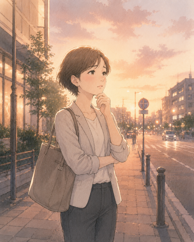 仕事帰りに、ふと立ち止まって考え込む女性