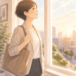 決意を固めたような、まっすぐな表情で窓の外を見つめる女