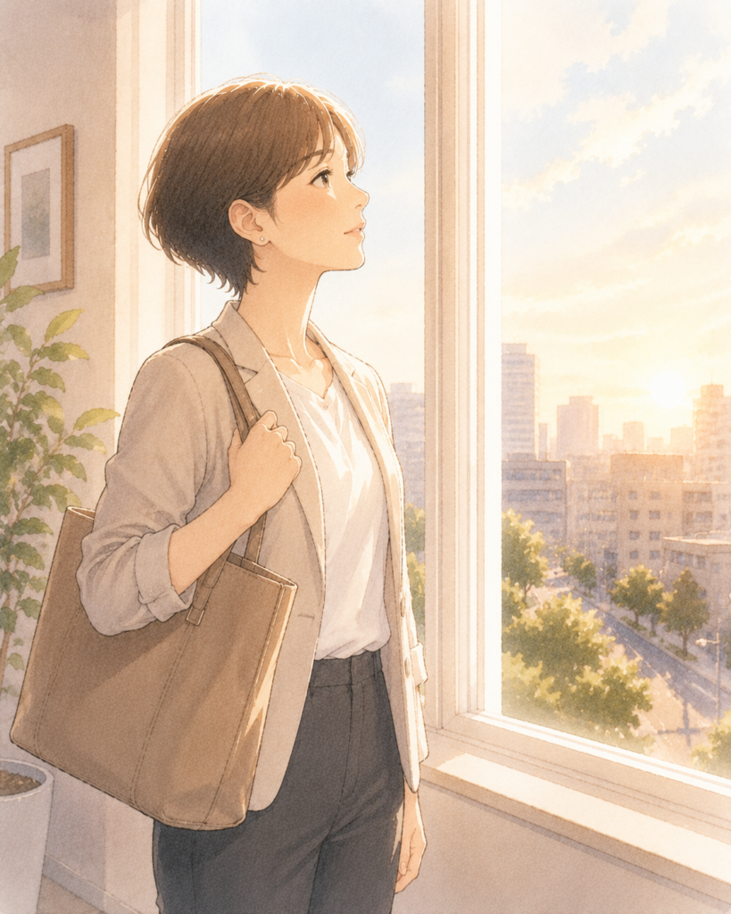 決意を固めたような、まっすぐな表情で窓の外を見つめる女性