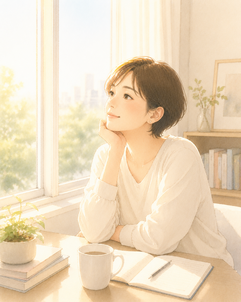 連載を振り返るように、穏やかな表情で窓の外を眺める女性