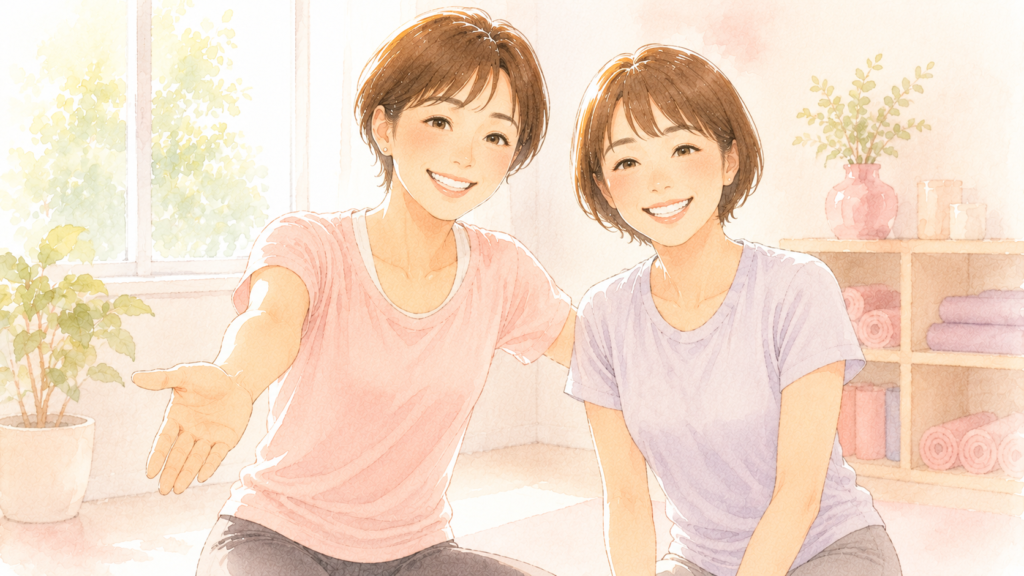 しょーぴーと思われる女性がクライアントと並んで笑顔を見せるシーン